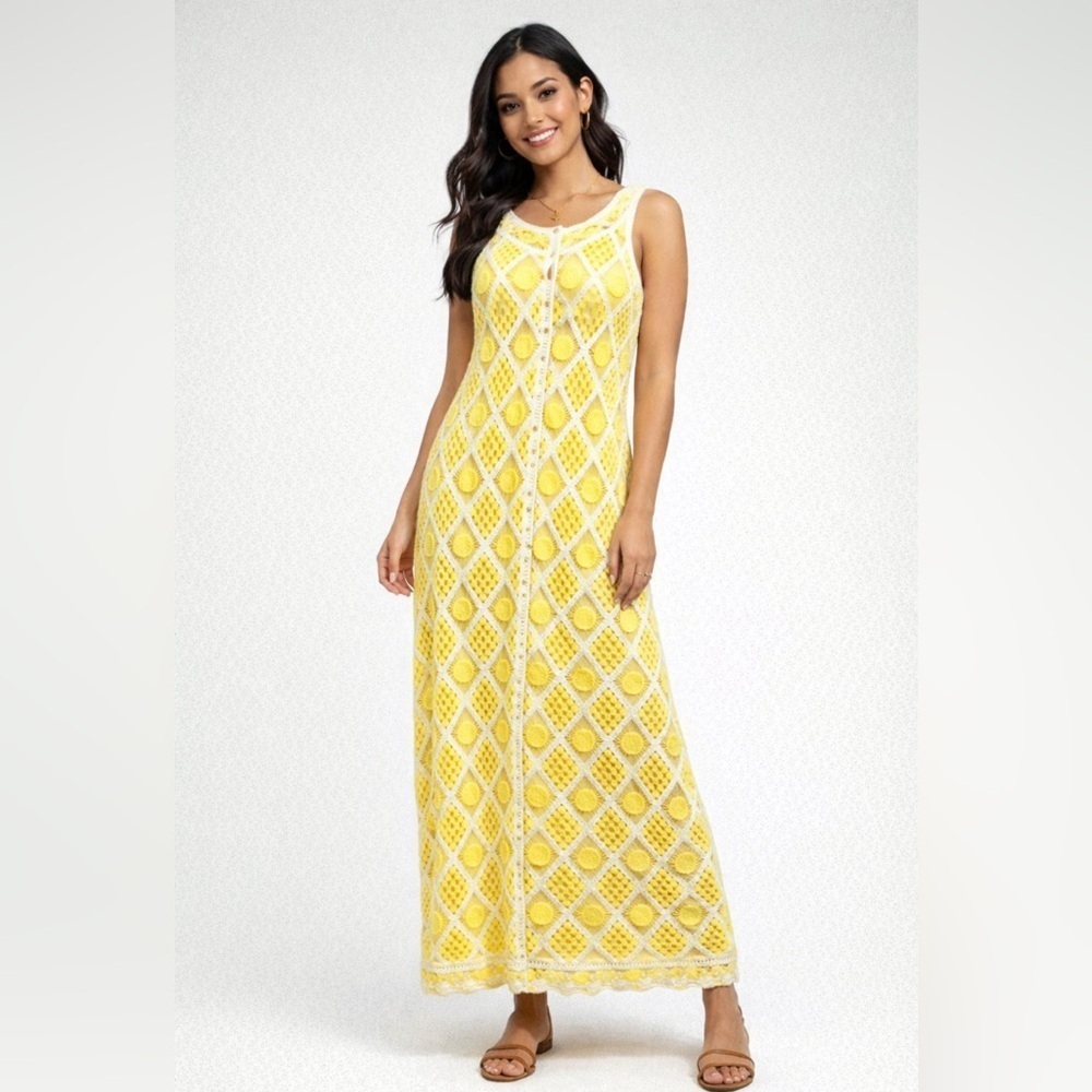 Zara Limited Edition Yellow & White Crochet  Maxi Dress | Button Front | Small